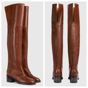 Gucci Brown Leather Script Logo Over-the-Knee Boots – 2024 Runway